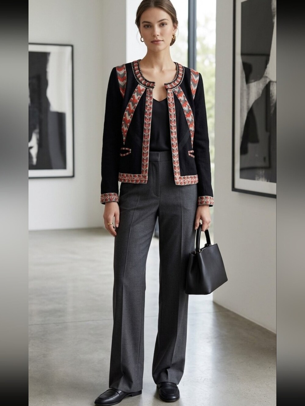 Anthropologie Pyrus Black Orange Beaded Crop Jacket